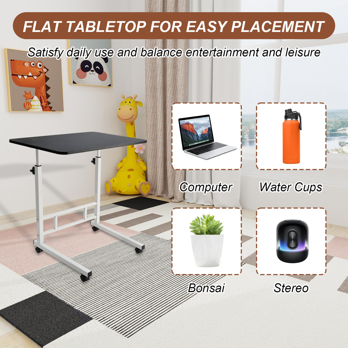 Yunnyp Adjustable Overbed Bedside Table with Wheels , Mobile TV Dinner Tray Slide Table for Bed Sofa Tray, 23.6" Wide, Adjustable Height, C-Shaped