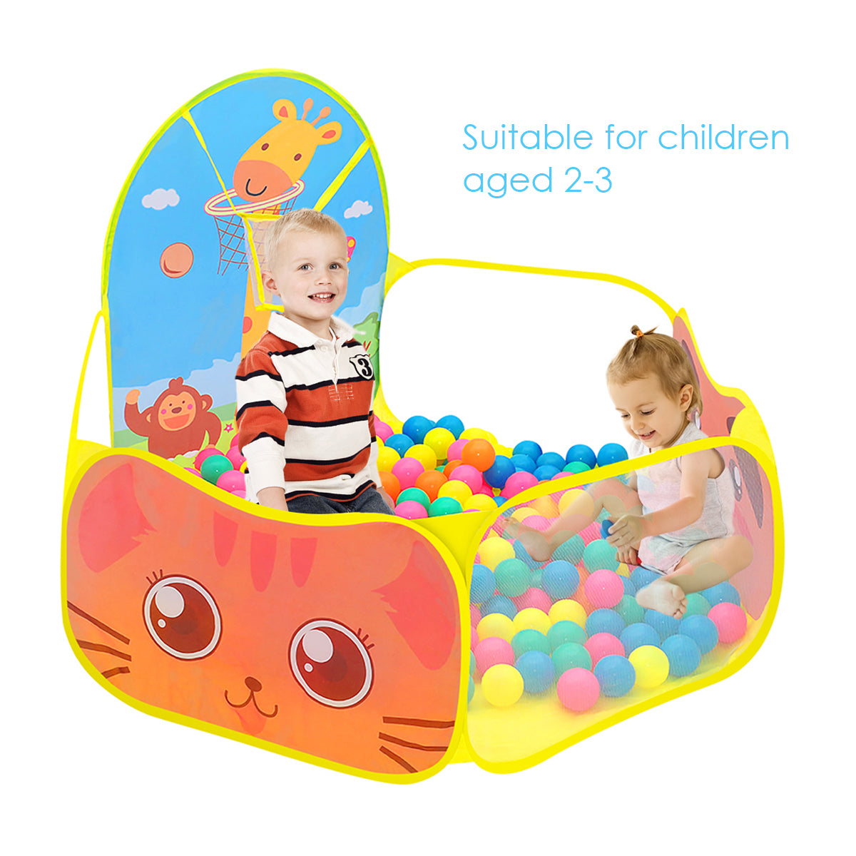 Yunnyp Kids Ball Pit,Portable Play Pool Tent for Kids,Baby Crawl Playpen with Basketball Hoop, Portable Toys for Girls Boys, Balls Not Included, Animal,Yellow