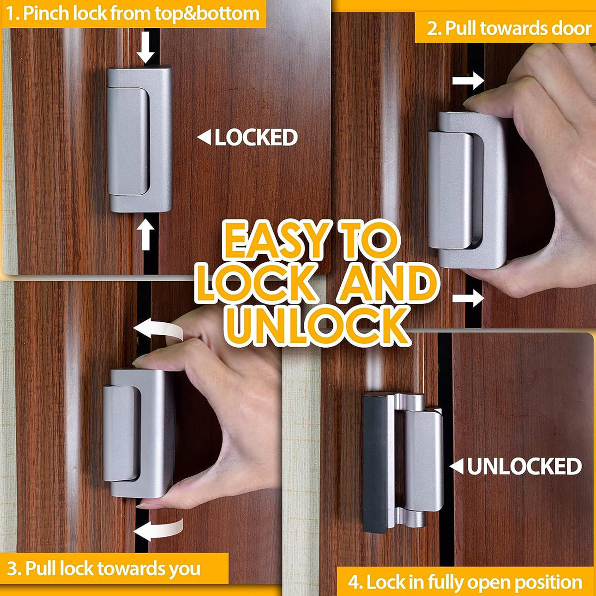 Yunnyp 2 Pack Door Reinforcement Lock for Kids Safety Withstand 800lbs Door Latch Lock, Add a Door Security Lock- Silver Extra Door Lock with 8 Screws Prevents Unauthorized Entry