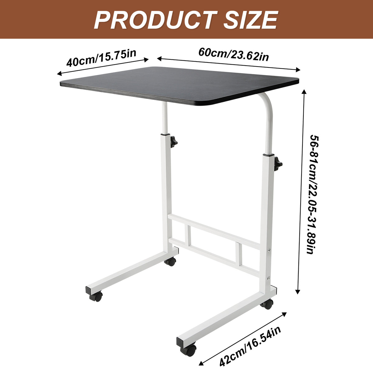 Yunnyp Adjustable Overbed Bedside Table with Wheels , Mobile TV Dinner Tray Slide Table for Bed Sofa Tray, 23.6" Wide, Adjustable Height, C-Shaped