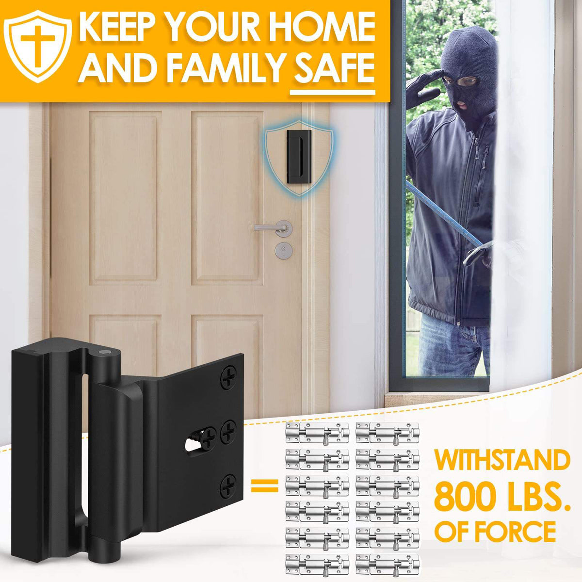 Yunnyp 2 Pack Door Reinforcement Lock for Kids Safety Withstand 800lbs Door Latch Lock, Add a Door Security Lock- Black Extra Door Lock with 8 Screws Prevents Unauthorized Entry