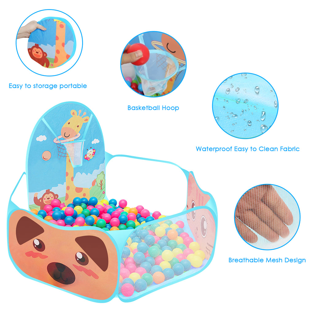 Yunnyp Kids Ball Pit,Portable Play Pool Tent for Kids,Baby Crawl Playpen with Basketball Hoop, Portable Toys for Girls Boys, Balls Not Included, Animal,Blue