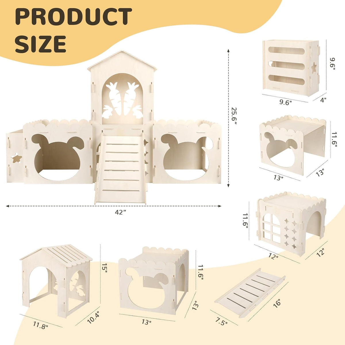 Petyoung Large Bunny Castle with Hay Feeder, Wooden Rabbit Hideout with Ramp, Detachable Multi-Room Playhouse for Rabbits, Guinea Pigs, Small Animals