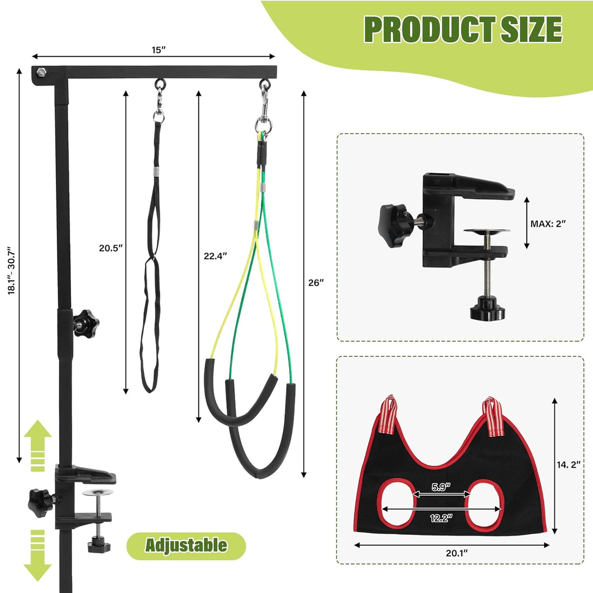 Petyoung Dog Grooming Arm & Hammock Set, 35" Adjustable Stand with Loop Noose & Haunch Holders for Small/Medium Dogs