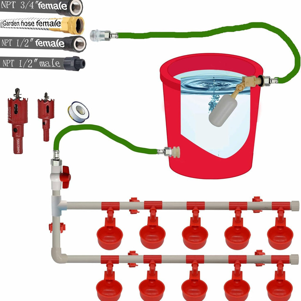 Yunnyp Complete Set Pipeline Automatic Chicken Waterer System,1/2" PVC Pipe Accessories DIY Kit with 2 Hose,chicken water cup,chicken waters,poultry waterer,Duck water feeder for Chicken Duck Goose