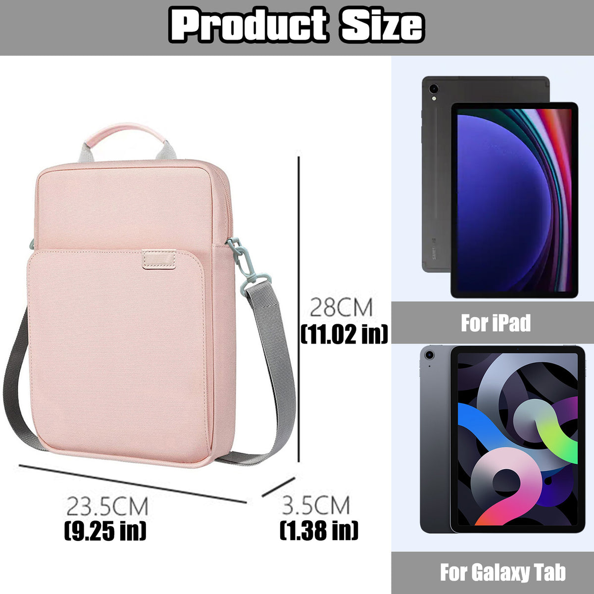 Petyoung 9-11" Tablet Sleeve Bag Case with Shoulder Strap for iPad 10.2 2021-2019, iPad 10th 2022, iPad Air 5/4 10.9, iPad Pro 11 2022-2018, Galaxy Tab S9/S8/A8/A7 2023, Pink