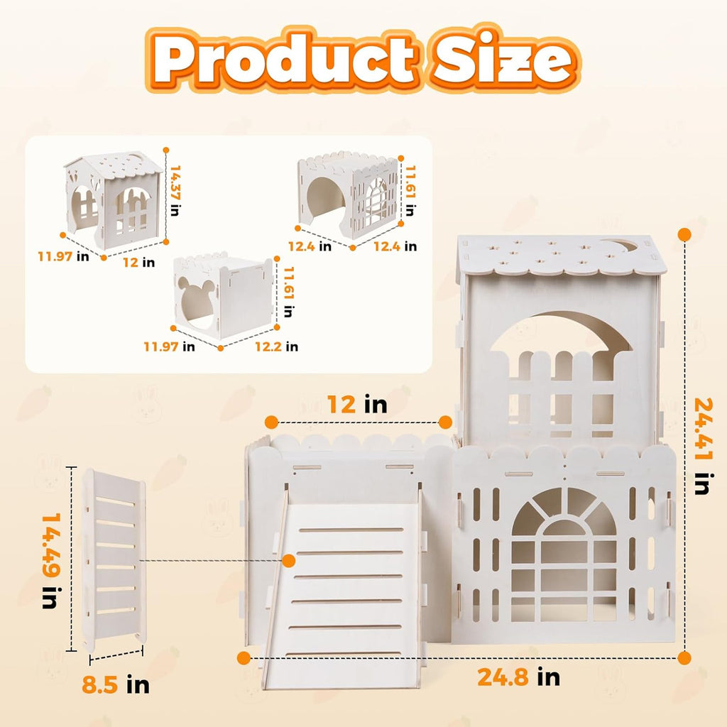 Petyoung Large Bunny Cage Indoor, Wooden Rabbit Hutch House with Ramp & Multi-Room, Guinea Pig Hideout Bunny Castle, for Rabbits Hamsters Small Pet