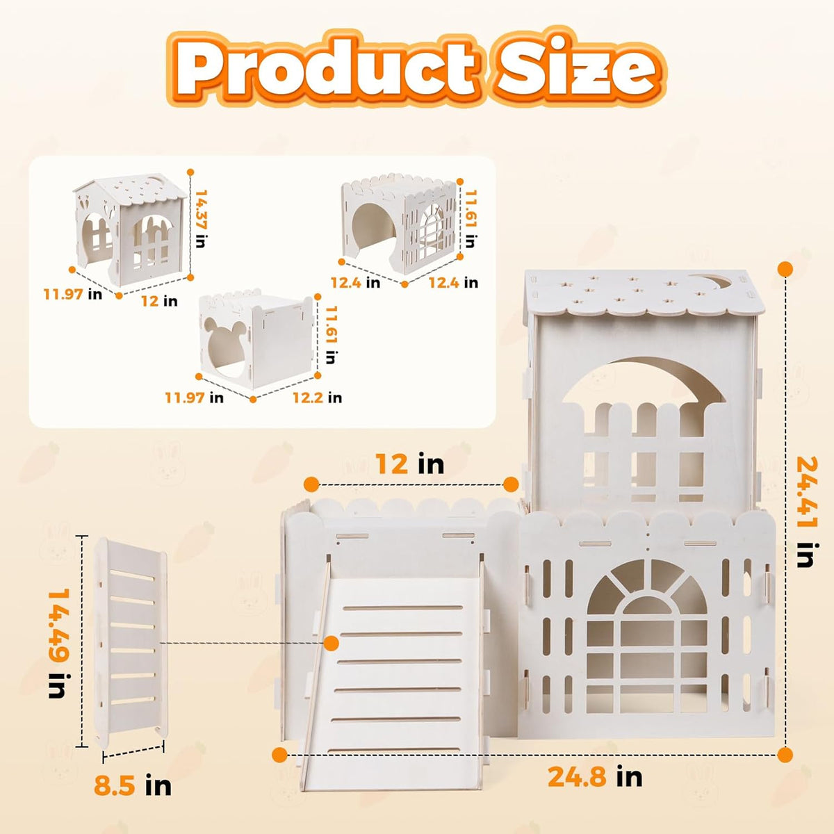 Petyoung Large Bunny Cage Indoor, Wooden Rabbit Hutch House with Ramp & Multi-Room, Guinea Pig Hideout Bunny Castle, for Rabbits Hamsters Small Pet