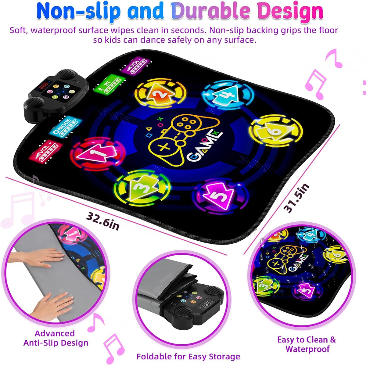 Petyoung LED Dance Mat for Kids, Bluetooth Electronic Dance Pad with 5 Game Modes, Non-Slip Rhythm Step Playmat, Gifts for Boys Girls Age 3-12
