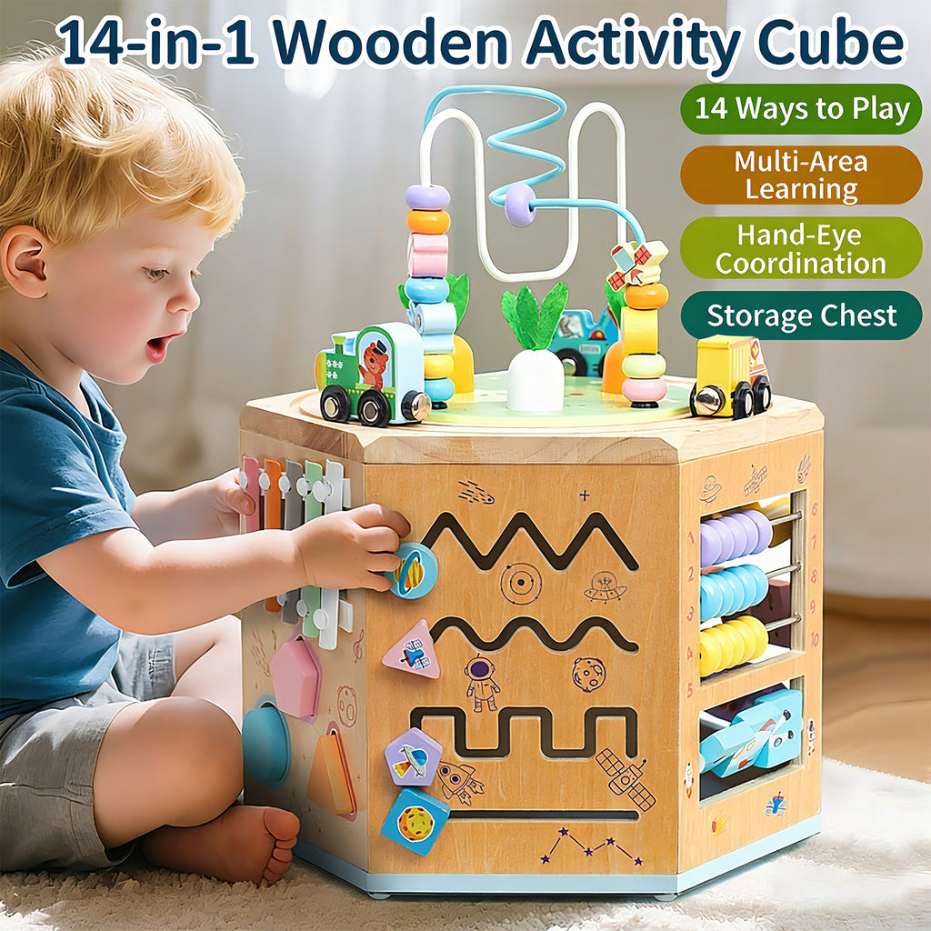 Petyoung Wooden Activity Cube, 14-in-1 Montessori Toy for 3+ Year Olds, Early Educational Baby Toddler Toy with Bead Maze