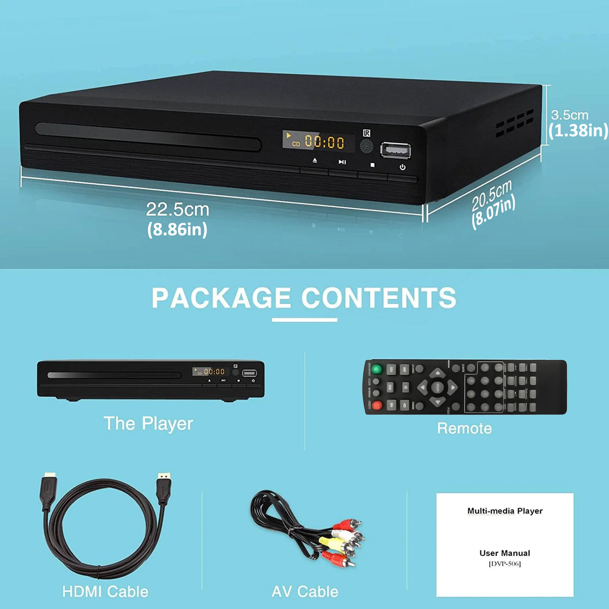 Petyoung 1080p HD DVD Player for TV, CD Players for Elderly, with HDMI & AV Cable, Built in PAL/NTSC System, Play All Regions, Remote Control
