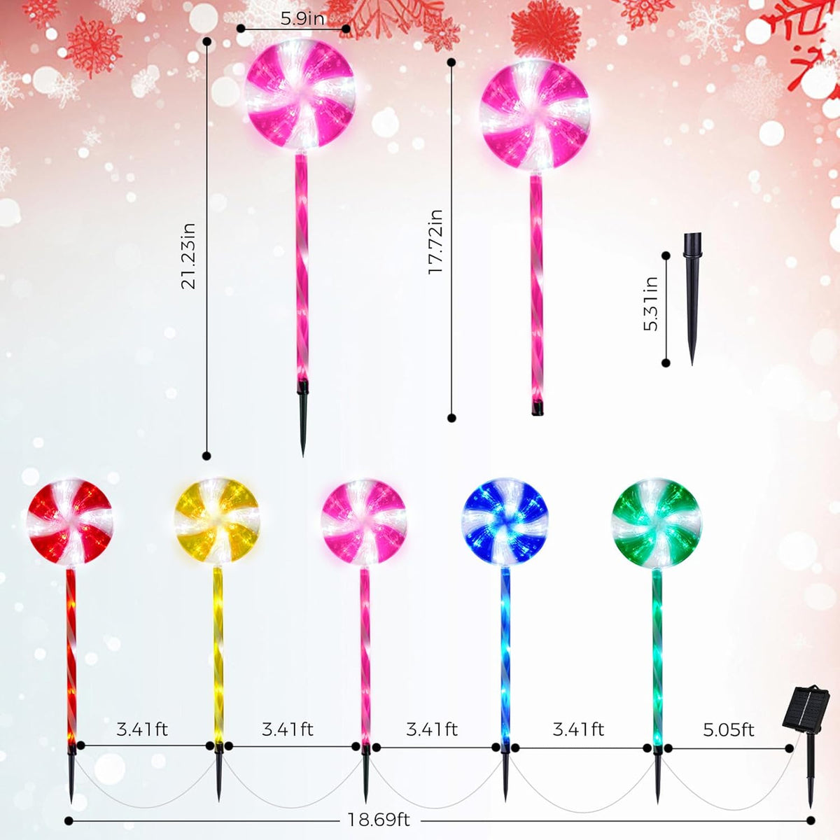 Petyoung 5 Pack Solar Lollipop Pathway Lights, Outdoor Christmas Decorations, Waterproof Candy Cane Stake Lights with 8 Modes, Auto On/Off Solar Powered Yard Garden Lawn Decor for Xmas Holiday