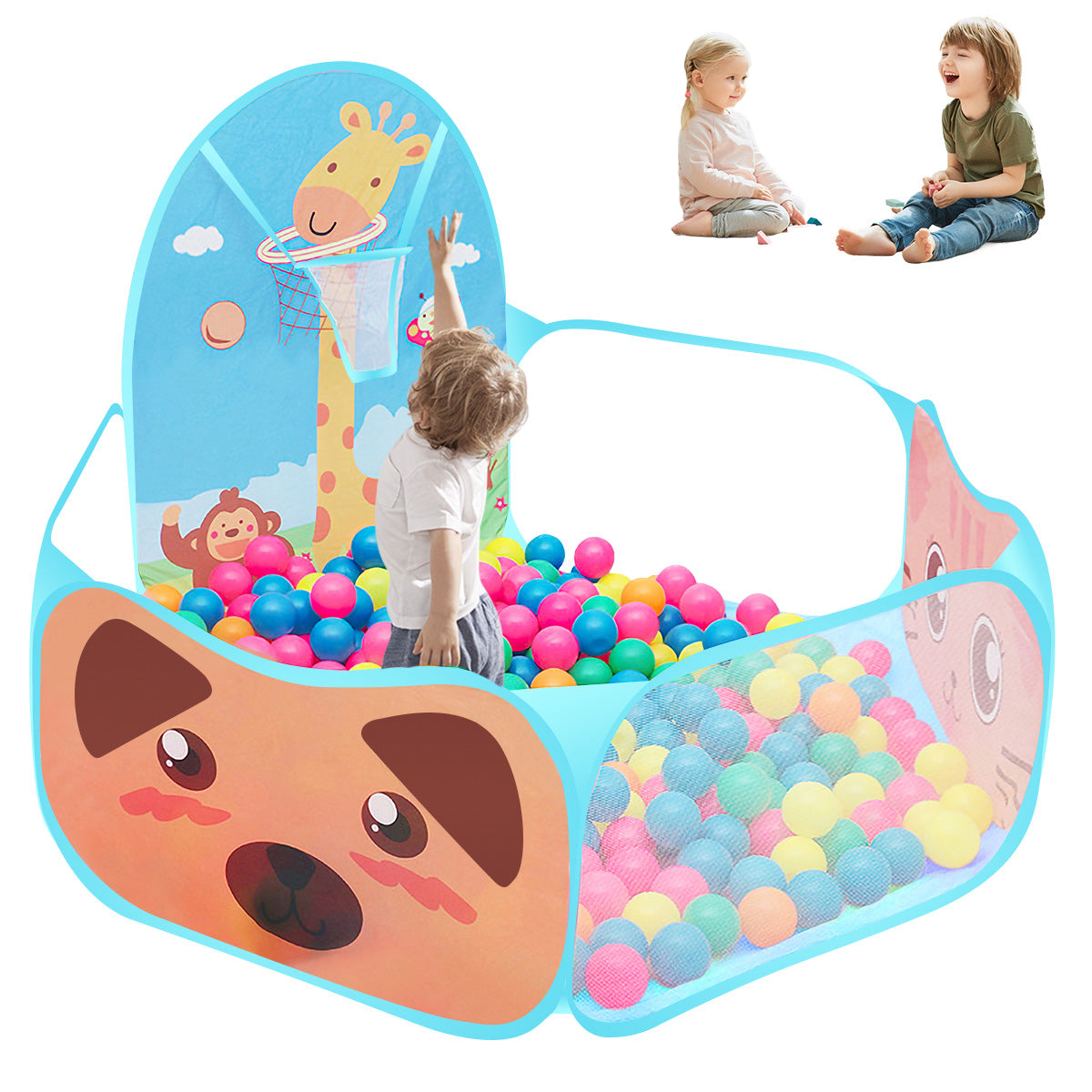 Yunnyp Kids Ball Pit,Portable Play Pool Tent for Kids,Baby Crawl Playpen with Basketball Hoop, Portable Toys for Girls Boys, Balls Not Included, Animal,Blue