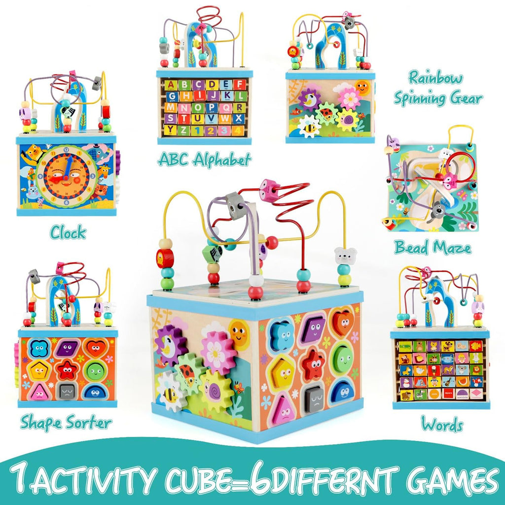 Petyoung Wooden Activity Cube, 5-in-1 Montessori Toy for 3+ Years, with Bead Maze & 5 Multicolor Sides, Ideal Gift for Boys & Girls