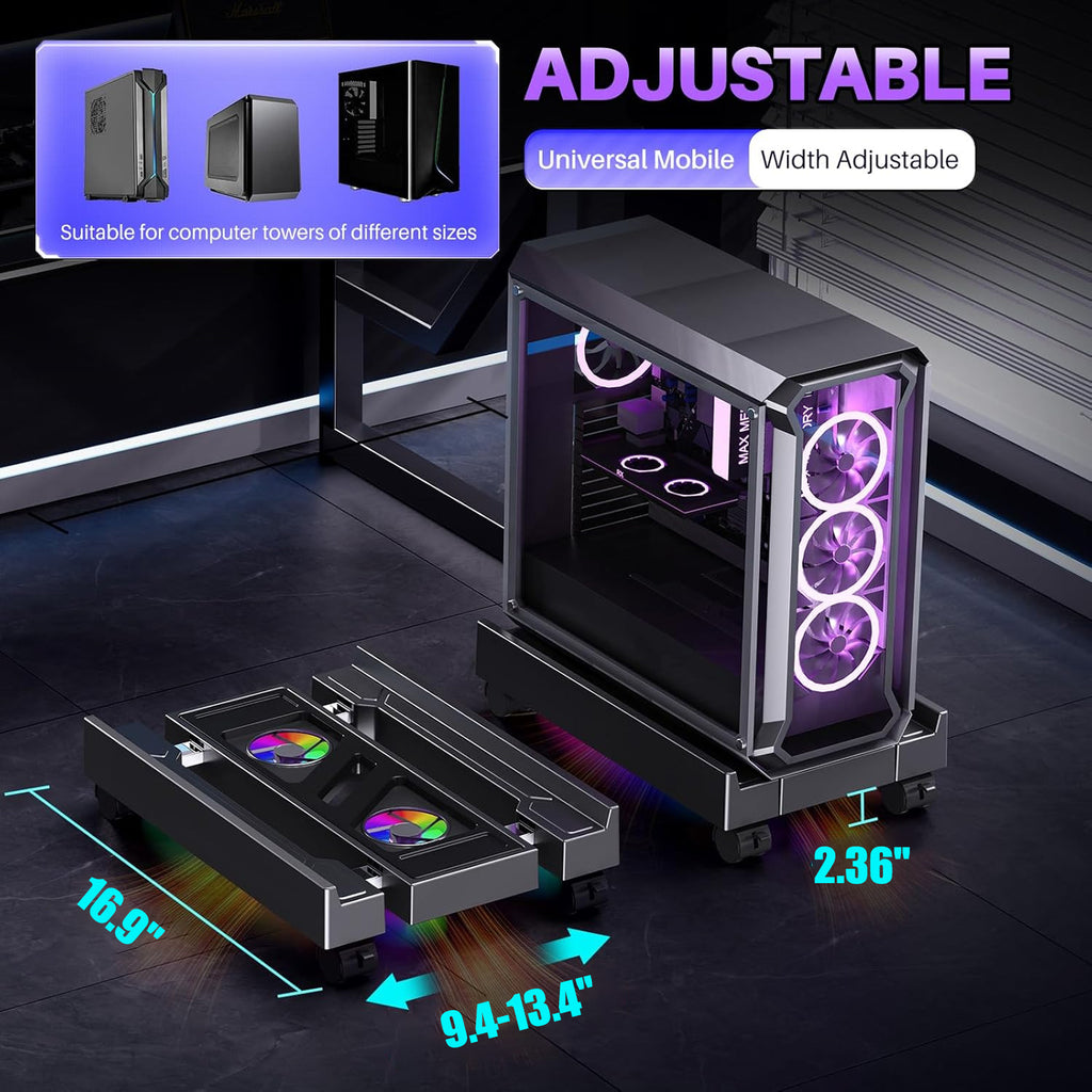 Petyoung PC Stand for Floor, Adjustable Computer Tower Stand with Cooler Fan RGB Light and 4 Locking Caster Wheels, for Students Gamers