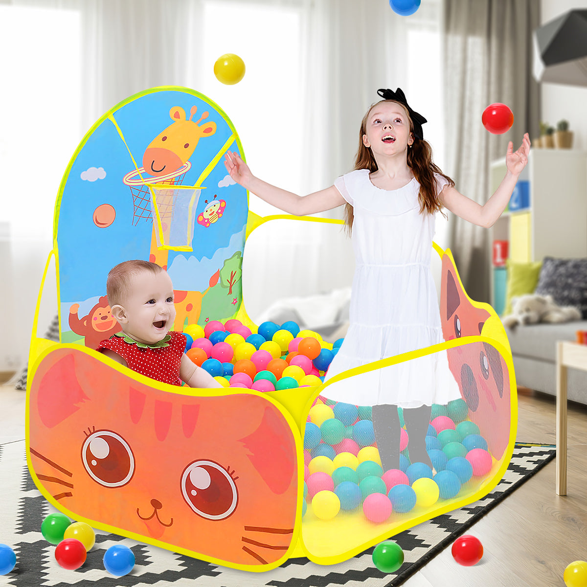 Yunnyp Kids Ball Pit,Portable Play Pool Tent for Kids,Baby Crawl Playpen with Basketball Hoop, Portable Toys for Girls Boys, Balls Not Included, Animal,Yellow