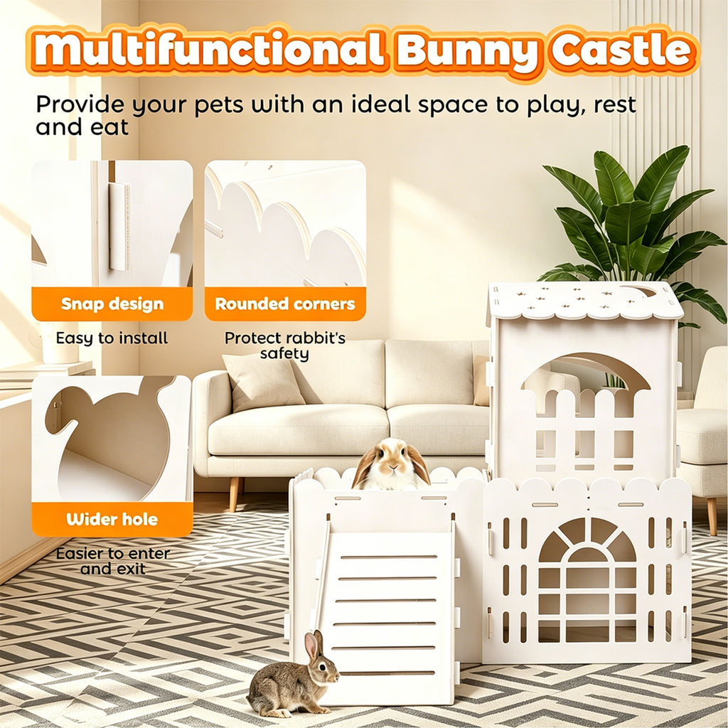 Petyoung Large Bunny Cage Indoor, Wooden Rabbit Hutch House with Ramp & Multi-Room, Guinea Pig Hideout Bunny Castle, for Rabbits Hamsters Small Pet
