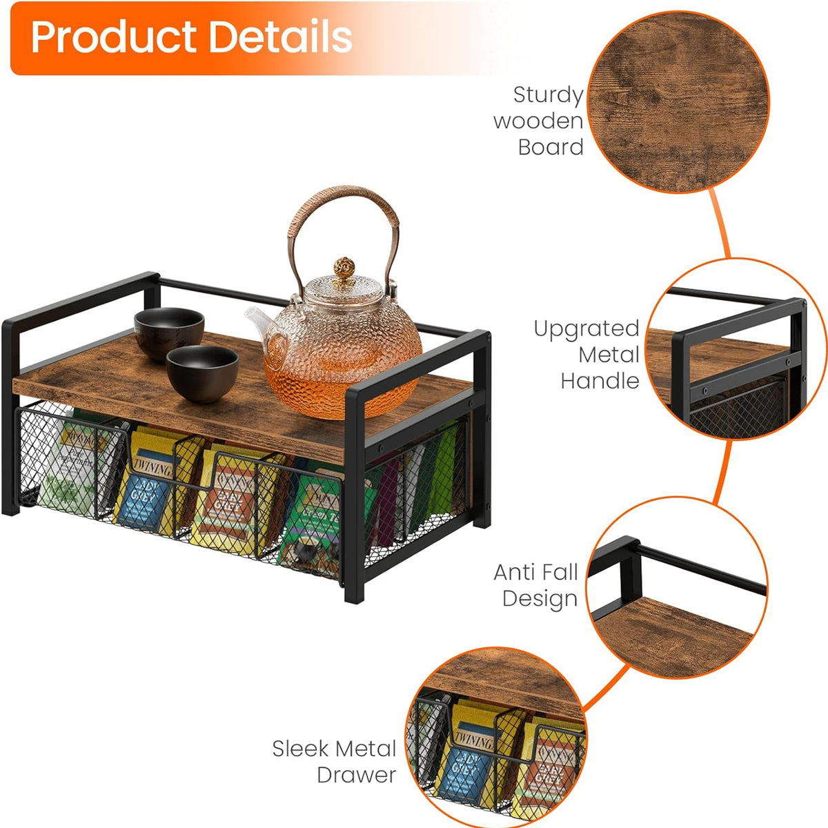Petyoung Tea Bag Organizer with Storage Drawer, Wooden Tea Station Chest for Countertop Kitchen, Teabag Holder Display Box, Rustic Brown