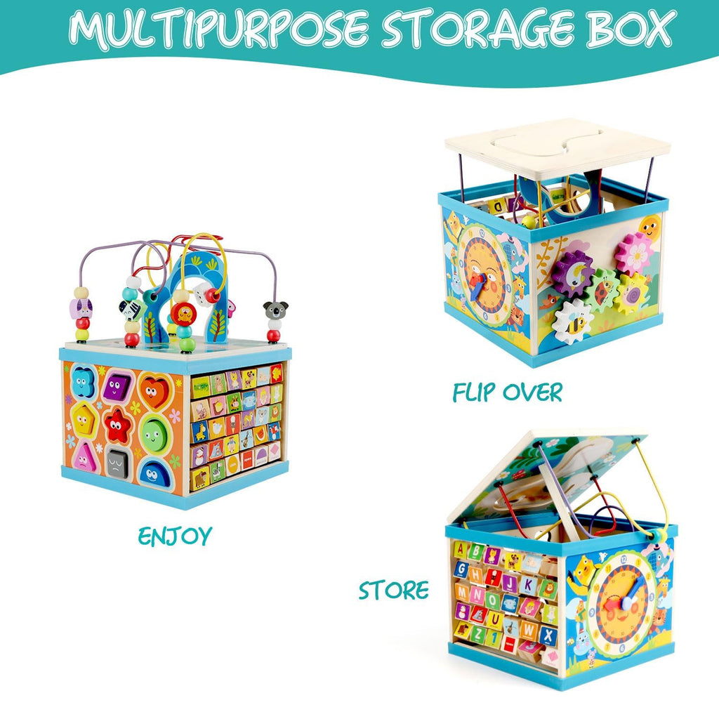 Petyoung Wooden Activity Cube, 5-in-1 Montessori Toy for 3+ Years, with Bead Maze & 5 Multicolor Sides, Ideal Gift for Boys & Girls