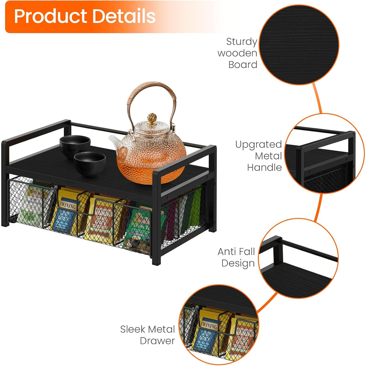 Petyoung Tea Bag Organizer with Storage Drawer, Wooden Tea Station Chest for Countertop Kitchen, Teabag Holder Display Box, Black