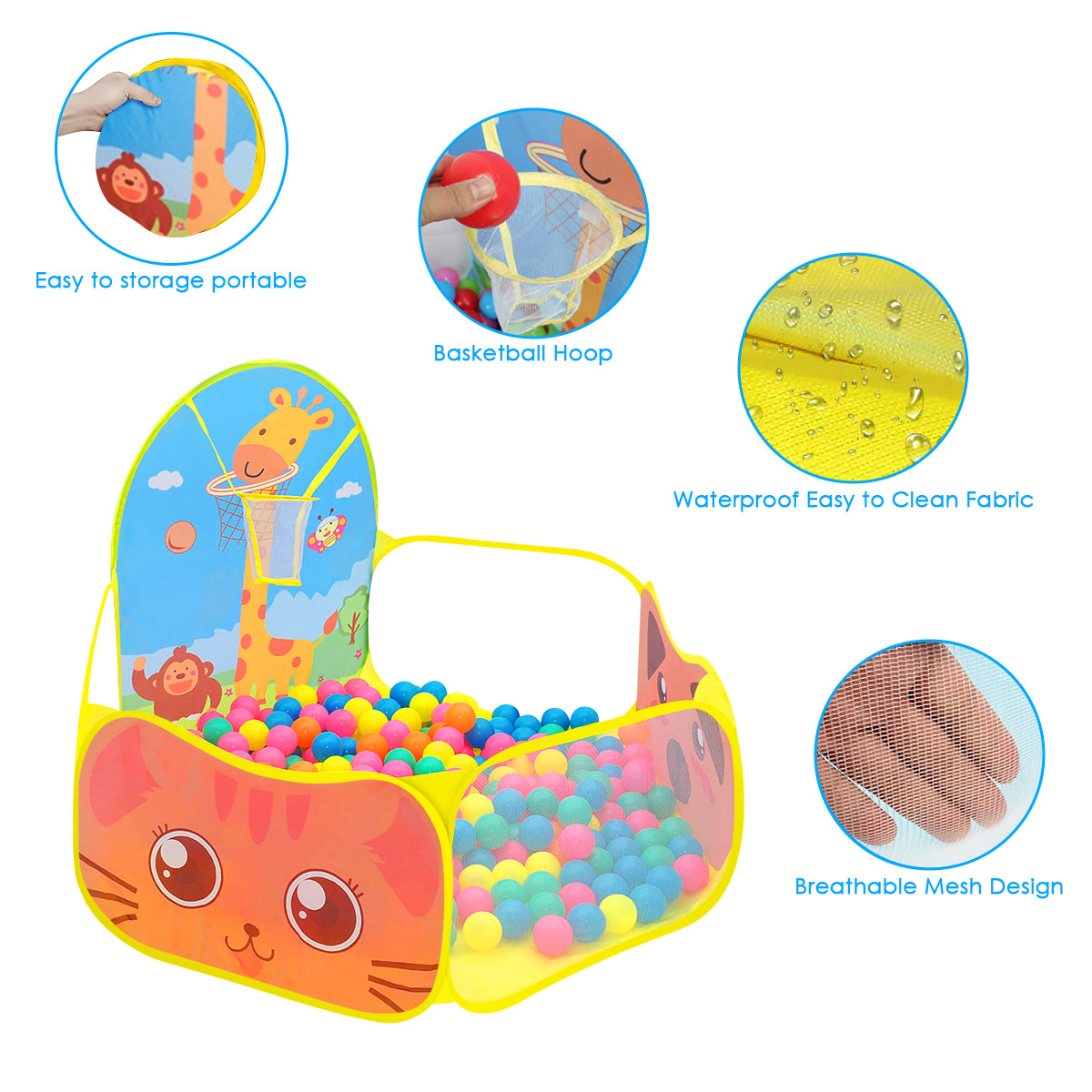 Yunnyp Kids Ball Pit,Portable Play Pool Tent for Kids,Baby Crawl Playpen with Basketball Hoop, Portable Toys for Girls Boys, Balls Not Included, Animal,Yellow