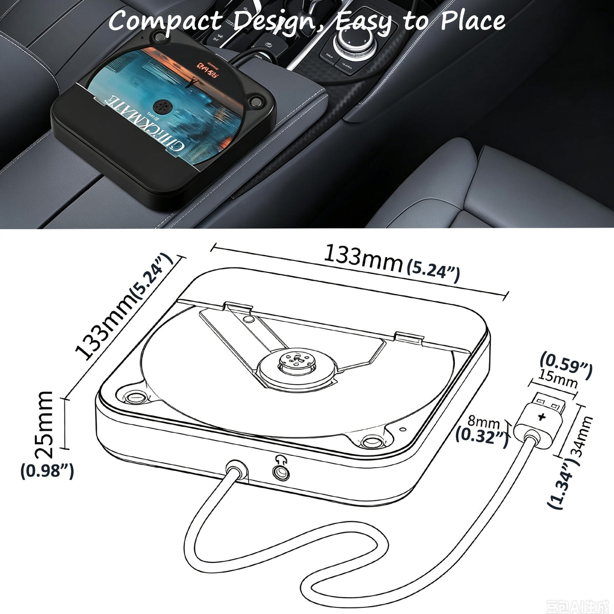 Petyoung Portable Car CD Player with USB/AUX, External CD Player for Car Stereo, Fits for Vehicles Without CD Player, Compact Discman for Laptop