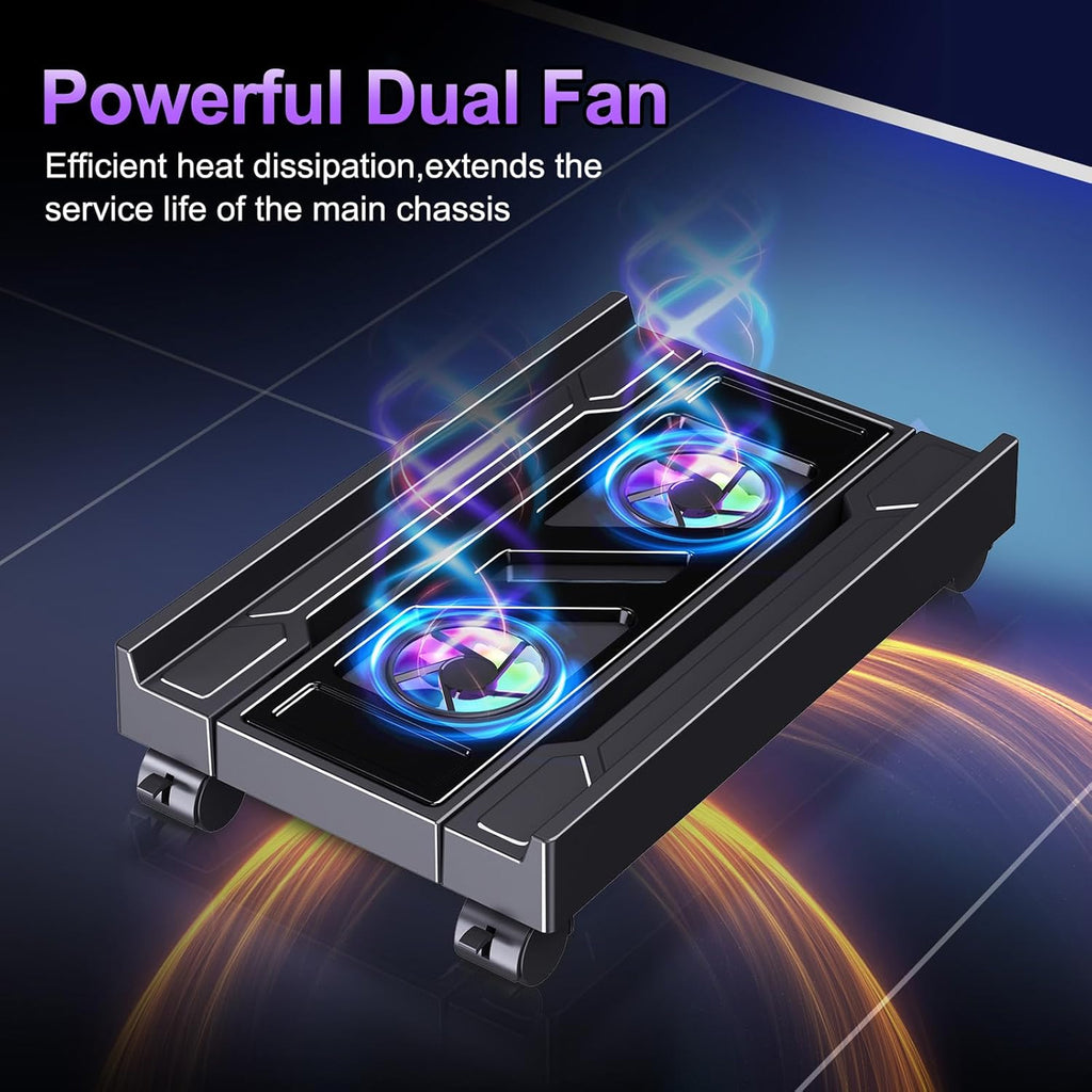 Petyoung PC Stand for Floor, Adjustable Computer Tower Stand with Cooler Fan RGB Light and 4 Locking Caster Wheels, for Students Gamers