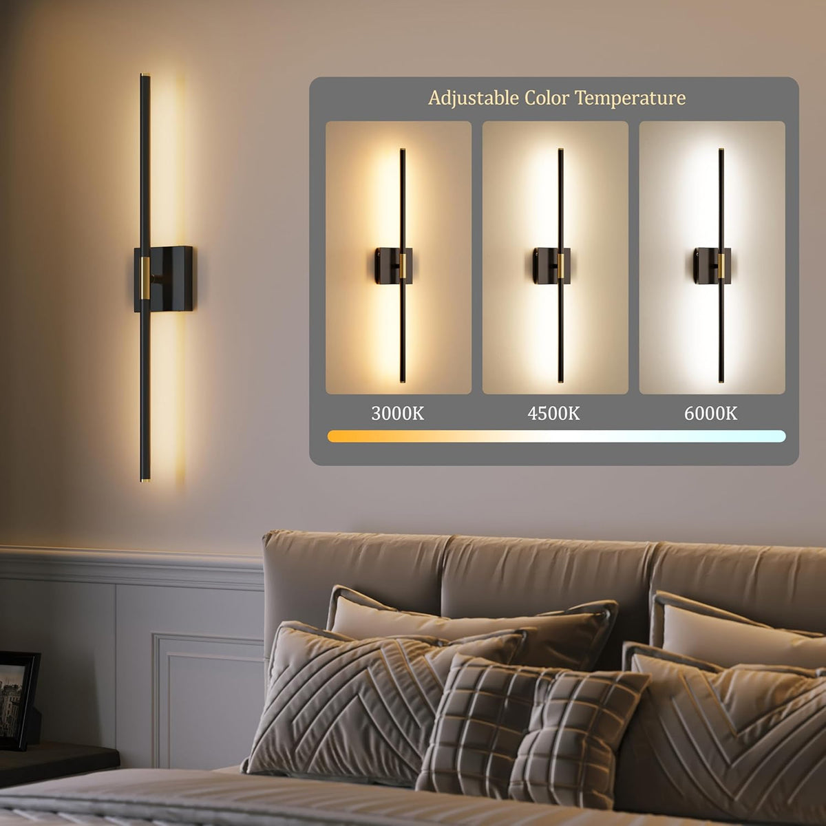 Petyoung 28.3" Wall Sconces Set of 2, Battery Operated Wall Lights with Remote, 360° Rotatable Rechargeable Wall Sconce, 3 Color Dimmable Wireless LED Light for Living Room Bedroom Hallway