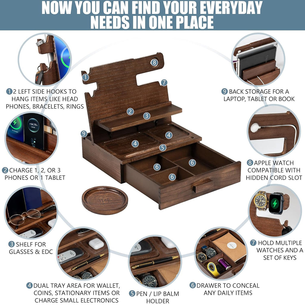 Petyoung Wood Phone Docking Station for up to 3 Phones - Nightstand Organizer with Drawer, Coaster, Compatible with Tablets, Glasses, Watches & EDC