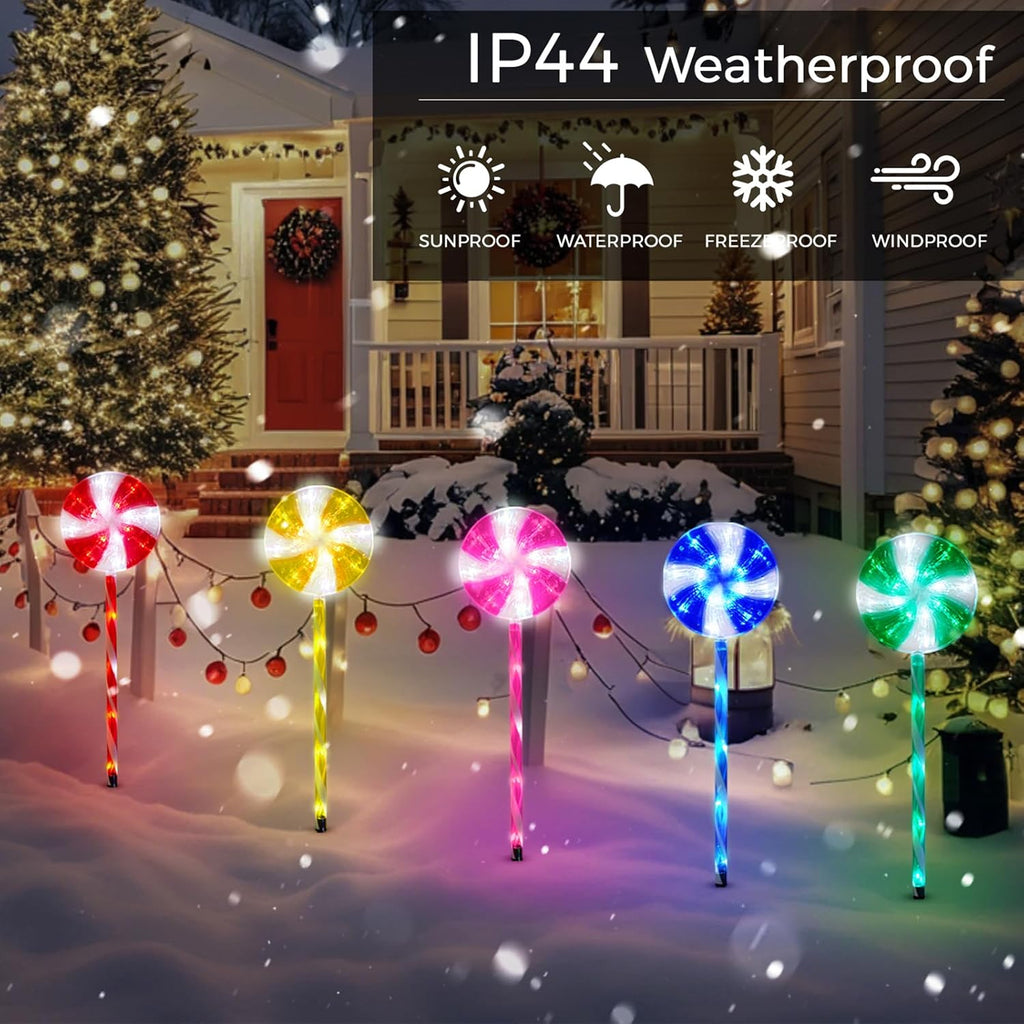 Petyoung 5 Pack Solar Lollipop Pathway Lights, Outdoor Christmas Decorations, Waterproof Candy Cane Stake Lights with 8 Modes, Auto On/Off Solar Powered Yard Garden Lawn Decor for Xmas Holiday