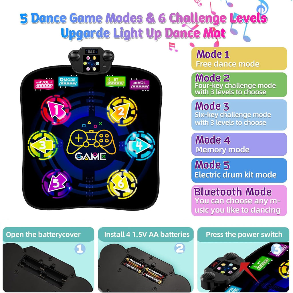 Petyoung LED Dance Mat for Kids, Bluetooth Electronic Dance Pad with 5 Game Modes, Non-Slip Rhythm Step Playmat, Gifts for Boys Girls Age 3-12