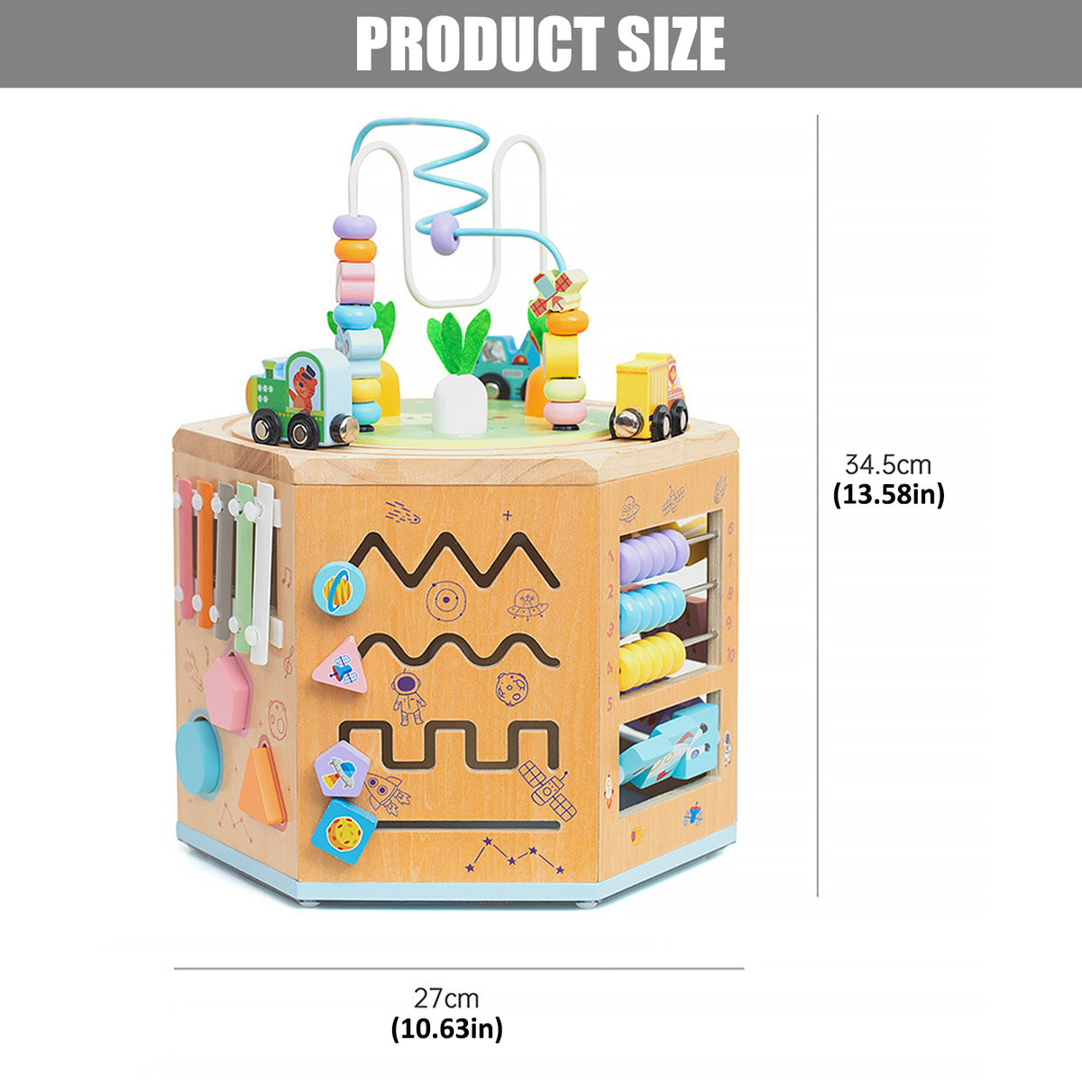 Petyoung Wooden Activity Cube, 14-in-1 Montessori Toy for 3+ Year Olds, Early Educational Baby Toddler Toy with Bead Maze
