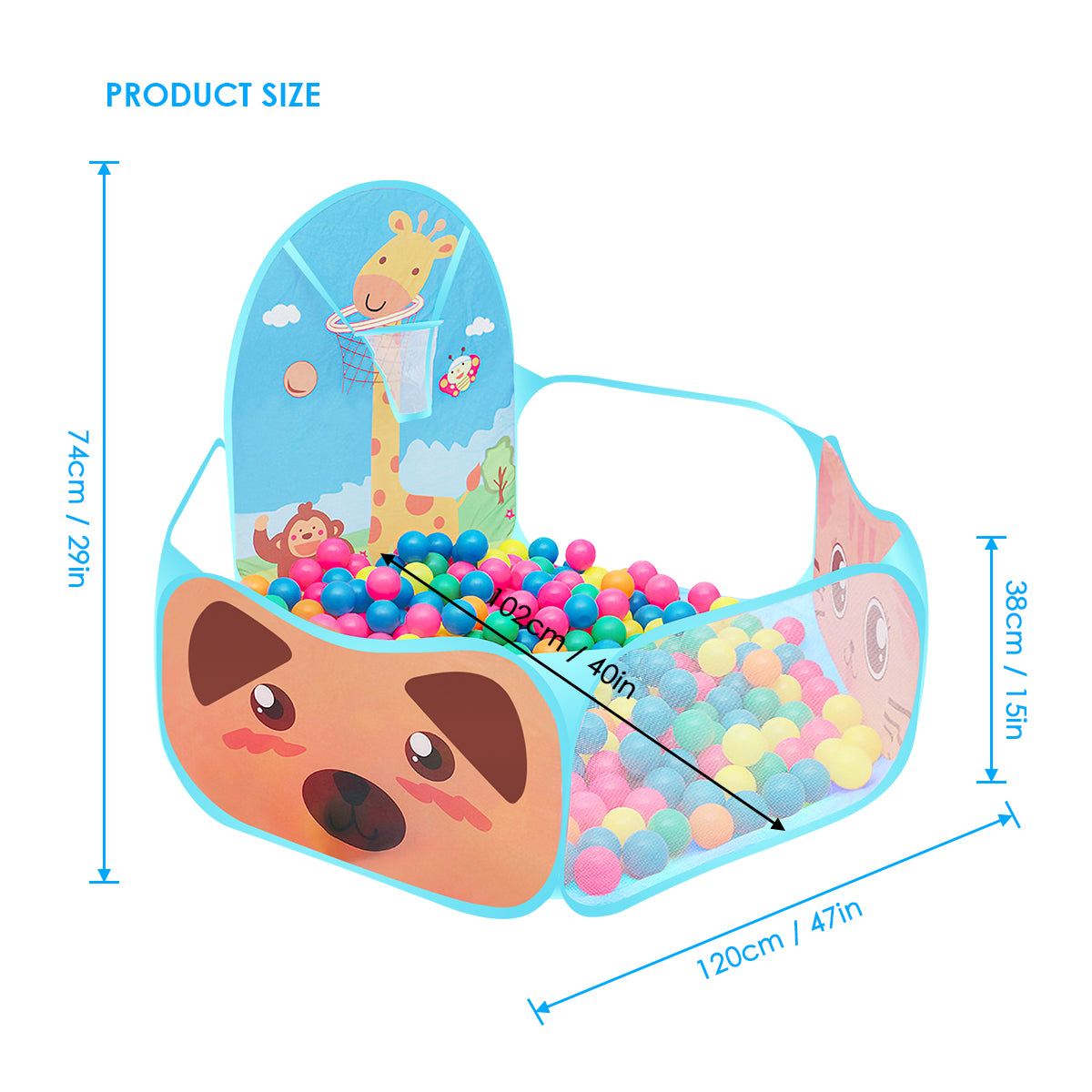 Yunnyp Kids Ball Pit,Portable Play Pool Tent for Kids,Baby Crawl Playpen with Basketball Hoop, Portable Toys for Girls Boys, Balls Not Included, Animal,Blue