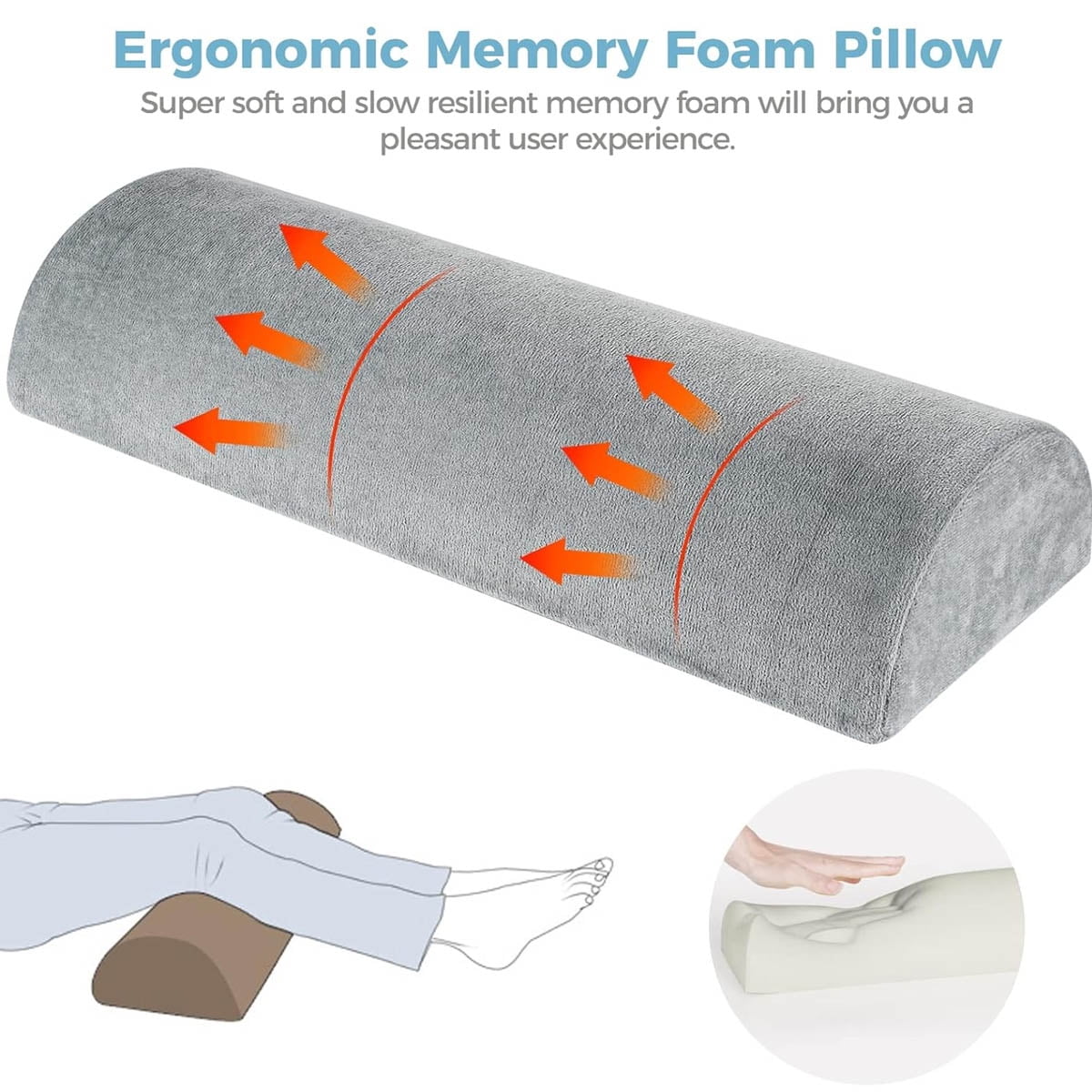 Yunnyp Knee Pillow,Memory Foam Leg Support Elevator Pillow,Half Moon Bolster Pillow,High Density Foam& Ergonomic Design Bolster Pillow for Feet, Legs, Knees, Waist, Back, Neck