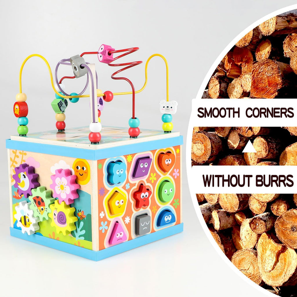 Petyoung Wooden Activity Cube, 5-in-1 Montessori Toy for 3+ Years, with Bead Maze & 5 Multicolor Sides, Ideal Gift for Boys & Girls