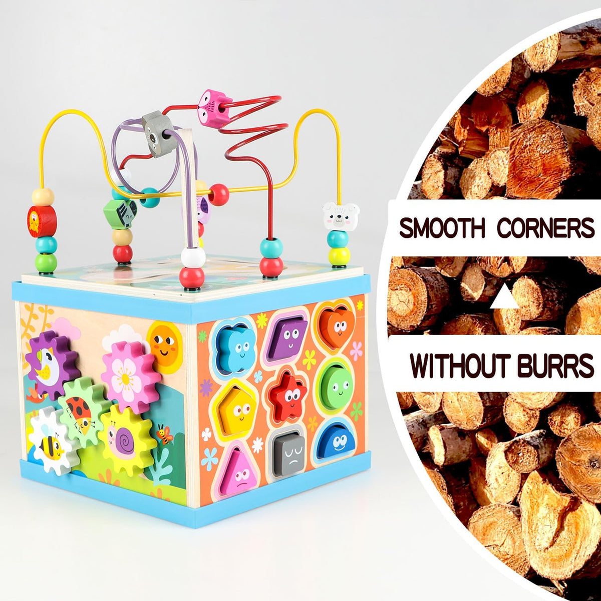 Petyoung Wooden Activity Cube, 5-in-1 Montessori Toy for 3+ Years, with Bead Maze & 5 Multicolor Sides, Ideal Gift for Boys & Girls