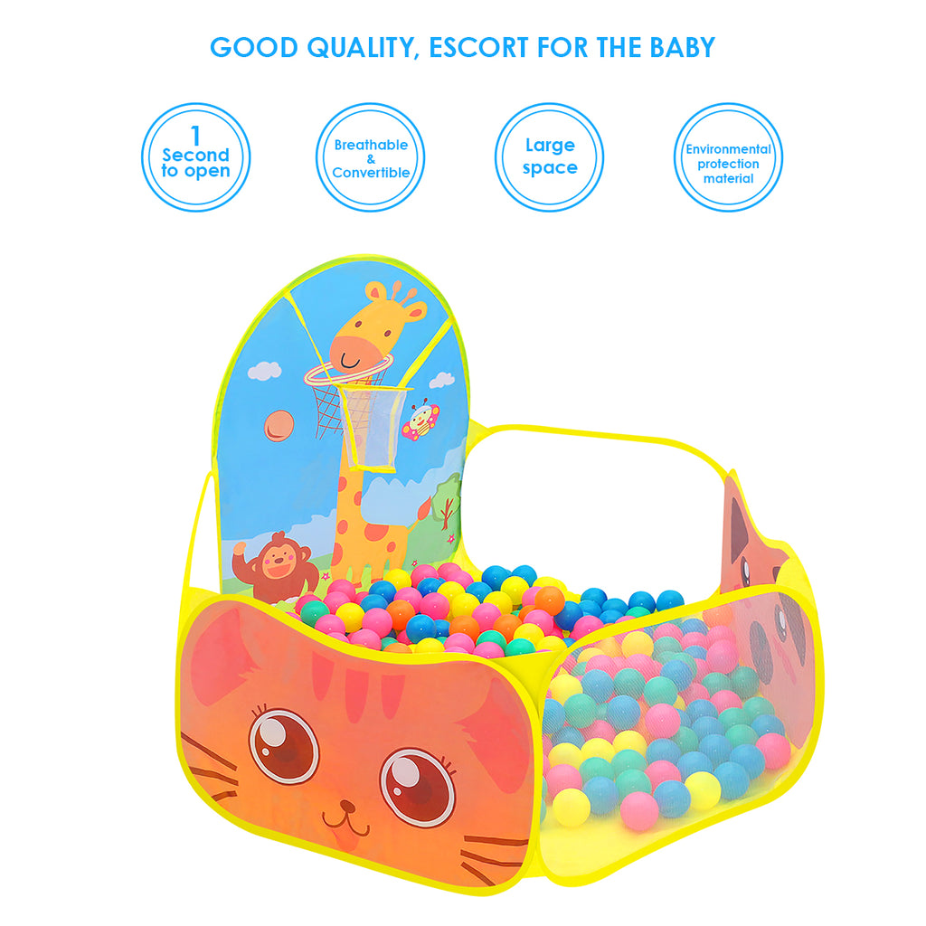 Yunnyp Kids Ball Pit,Portable Play Pool Tent for Kids,Baby Crawl Playpen with Basketball Hoop, Portable Toys for Girls Boys, Balls Not Included, Animal,Yellow