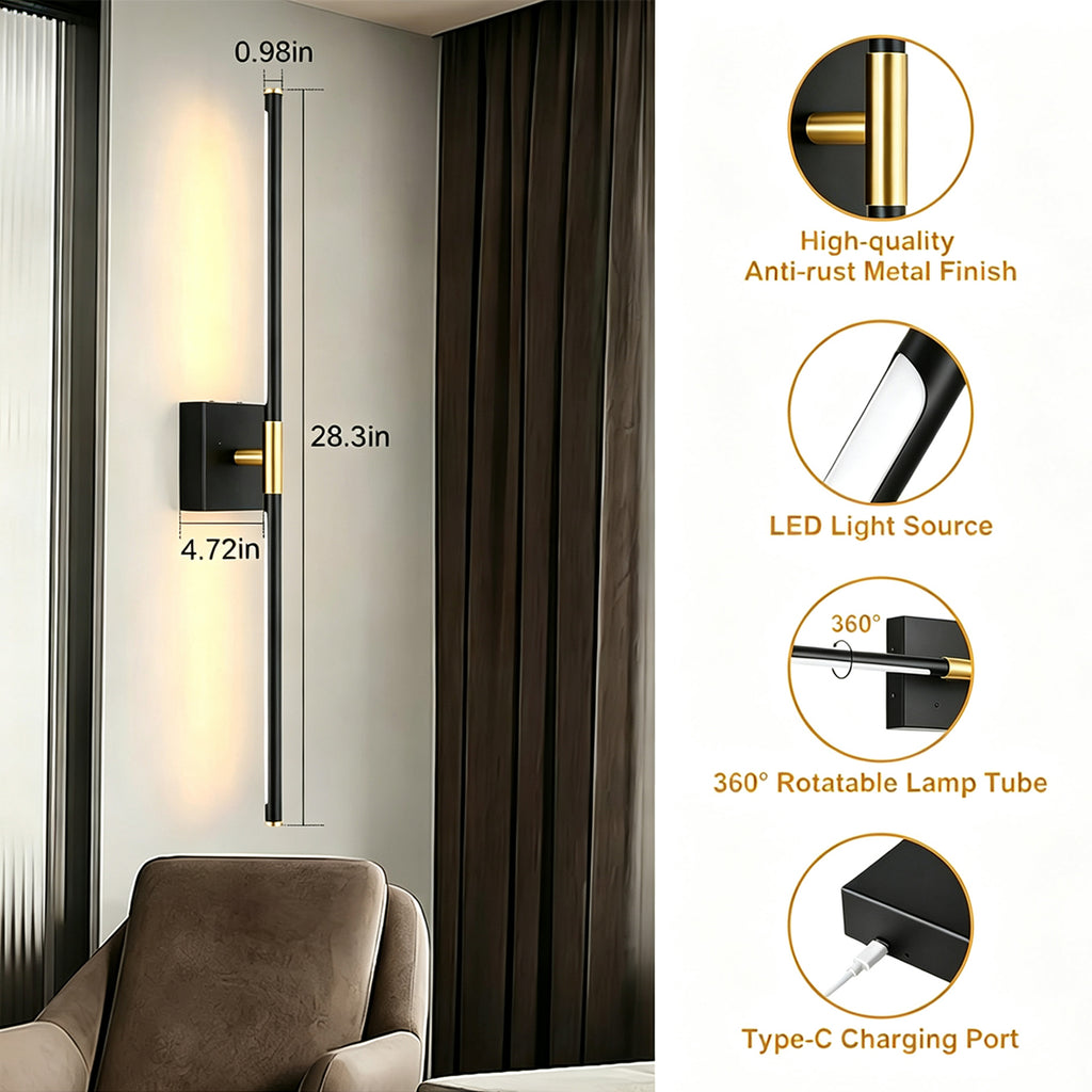Petyoung 28.3" Wall Sconces Set of 2, Battery Operated Wall Lights with Remote, 360° Rotatable Rechargeable Wall Sconce, 3 Color Dimmable Wireless LED Light for Living Room Bedroom Hallway