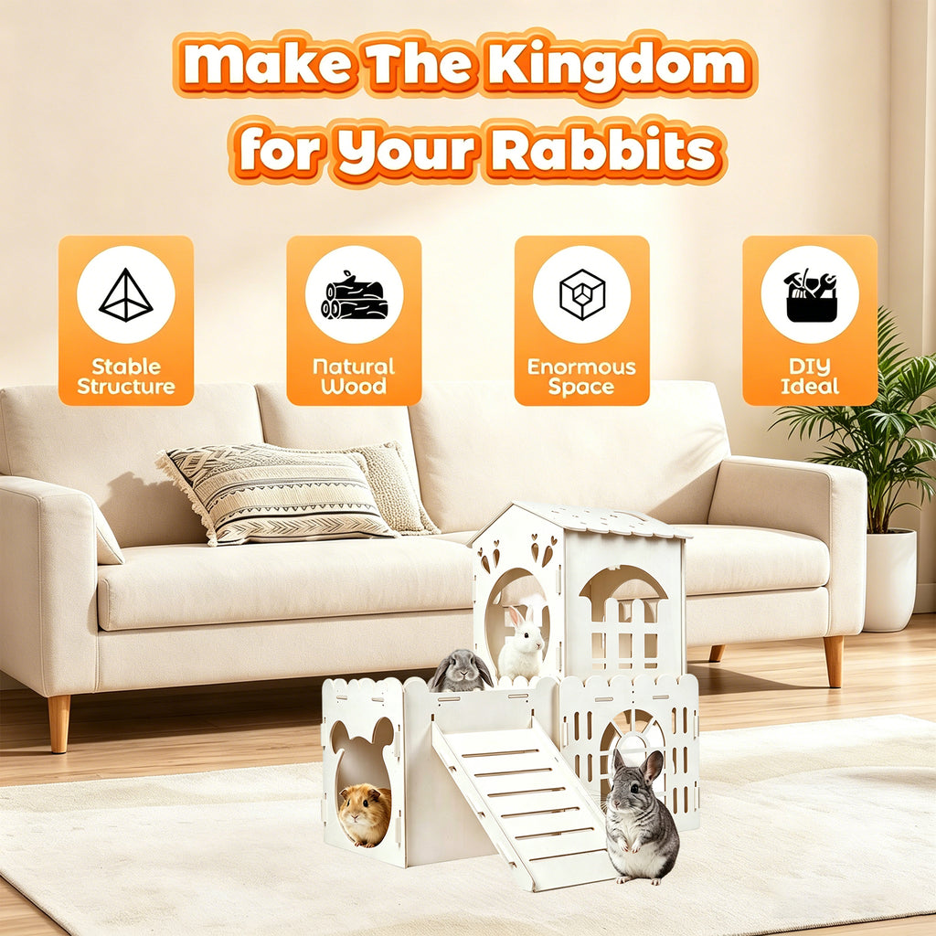 Petyoung Large Bunny Cage Indoor, Wooden Rabbit Hutch House with Ramp & Multi-Room, Guinea Pig Hideout Bunny Castle, for Rabbits Hamsters Small Pet