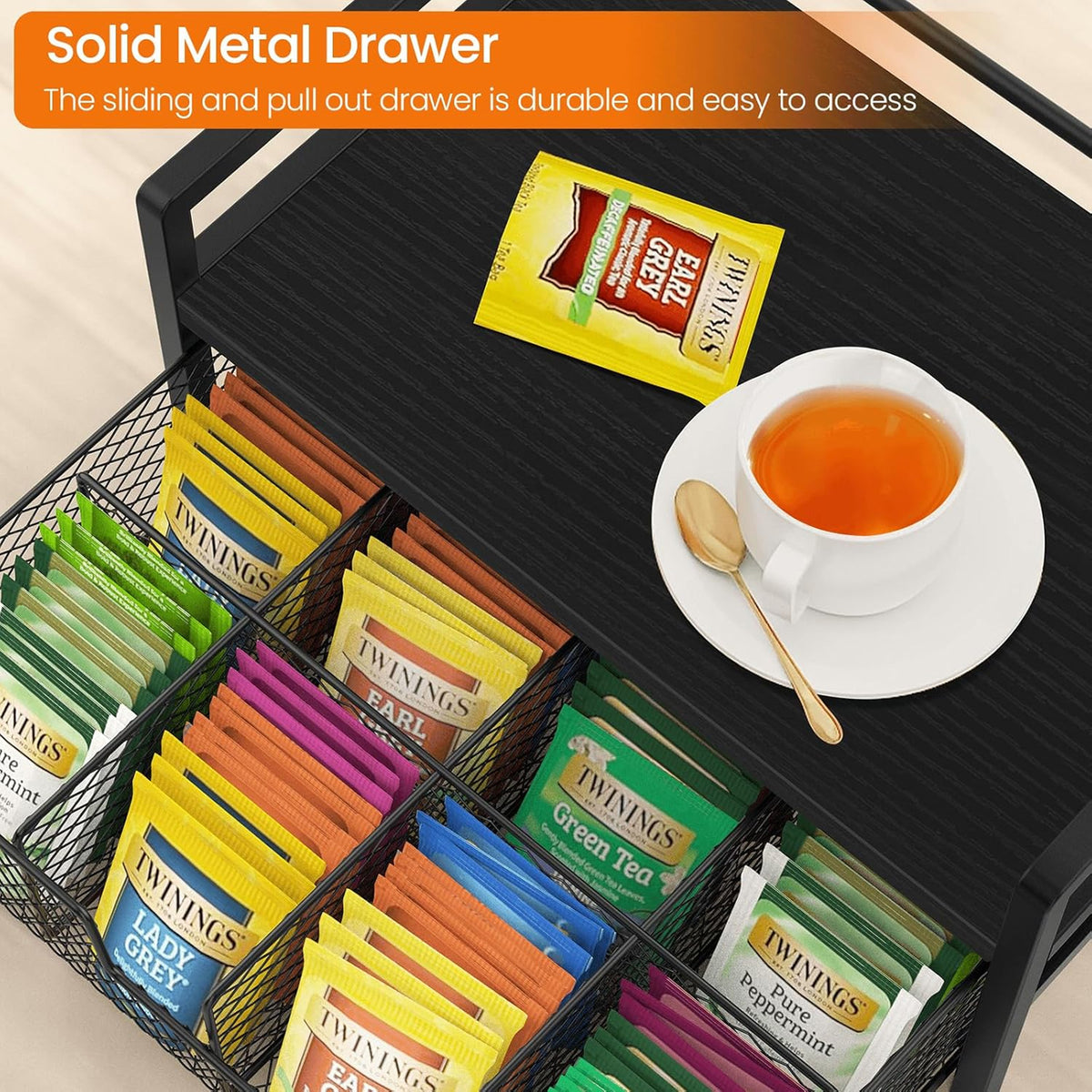Petyoung Tea Bag Organizer with Storage Drawer, Wooden Tea Station Chest for Countertop Kitchen, Teabag Holder Display Box, Black