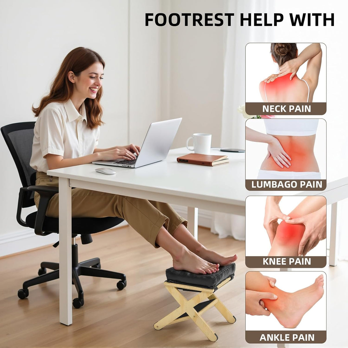 Petyoung Foot Rest Under Desk, Ergonomic Wooden Footrests, with Non-Slip Rubber Stepping Surface, for Home Office