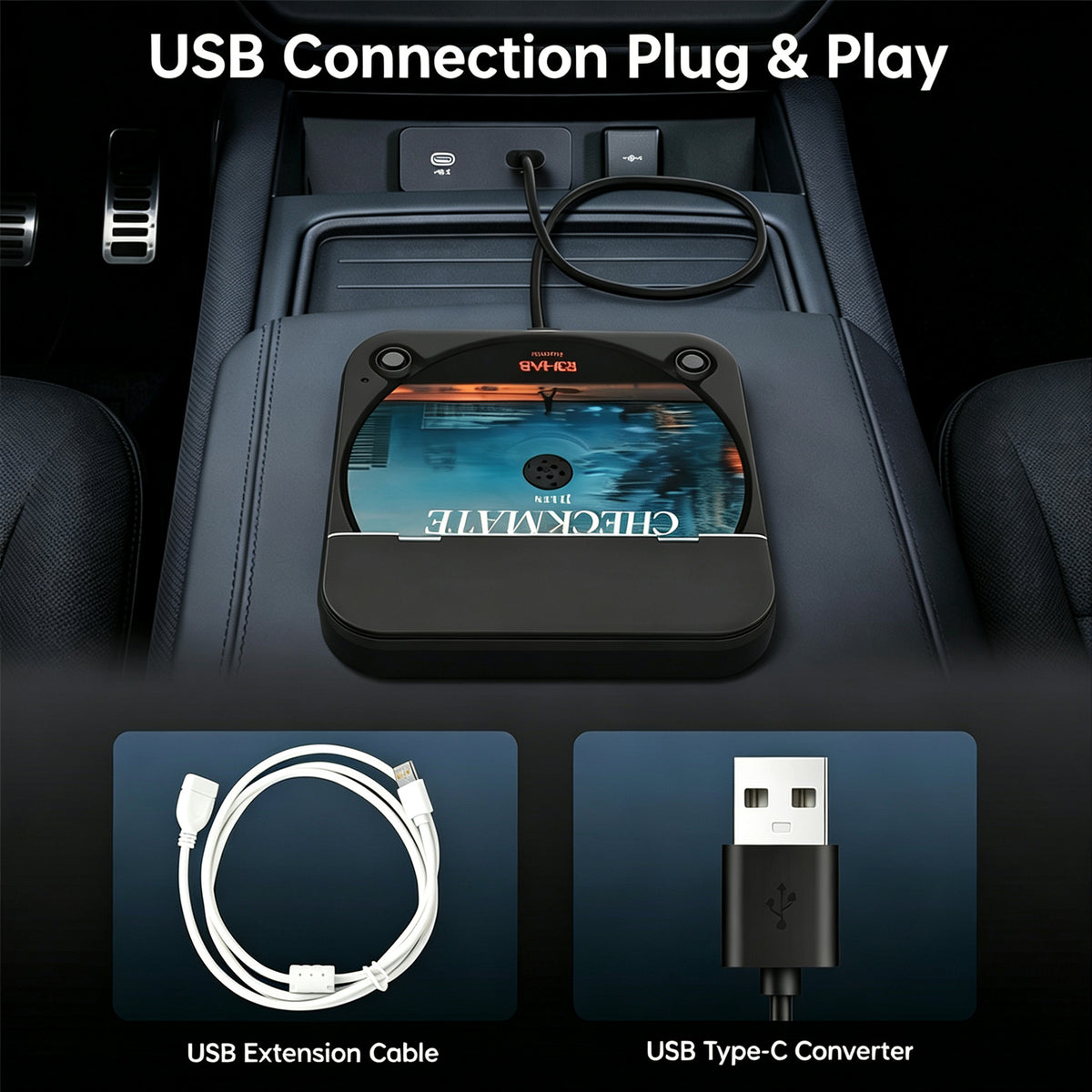 Petyoung Portable Car CD Player with USB/AUX, External CD Player for Car Stereo, Fits for Vehicles Without CD Player, Compact Discman for Laptop