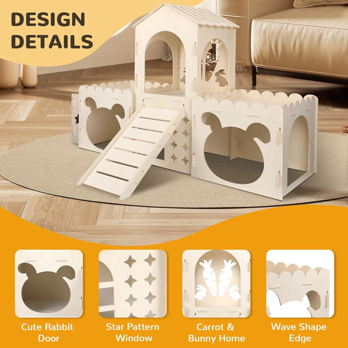 Petyoung Large Bunny Castle with Hay Feeder, Wooden Rabbit Hideout with Ramp, Detachable Multi-Room Playhouse for Rabbits, Guinea Pigs, Small Animals