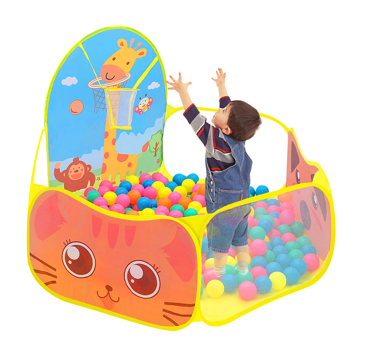 Yunnyp Kids Ball Pit,Portable Play Pool Tent for Kids,Baby Crawl Playpen with Basketball Hoop, Portable Toys for Girls Boys, Balls Not Included, Animal,Yellow
