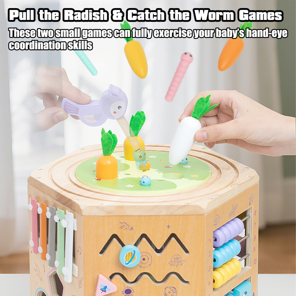 Petyoung Wooden Activity Cube, 14-in-1 Montessori Toy for 3+ Year Olds, Early Educational Baby Toddler Toy with Bead Maze