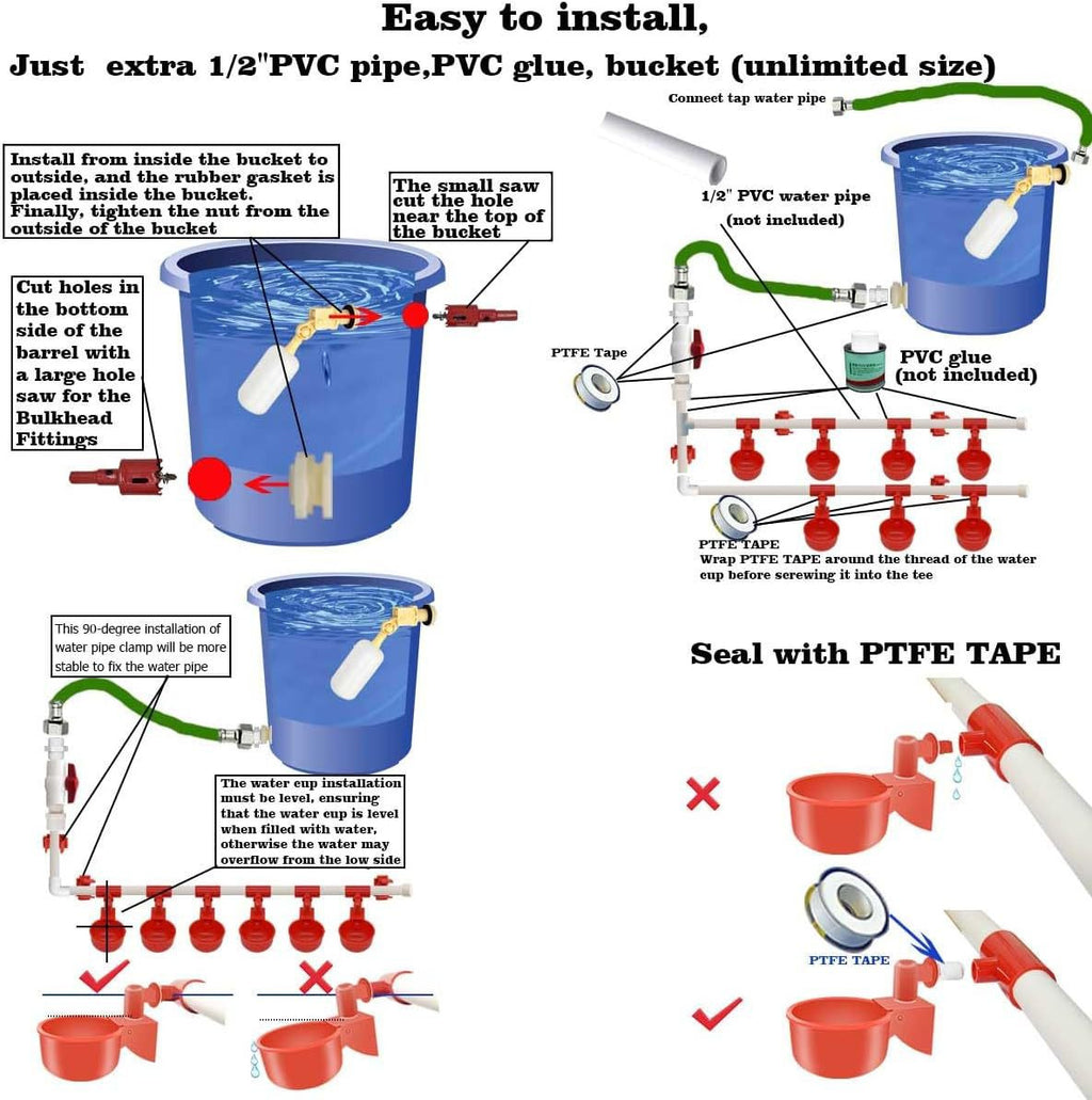 Yunnyp Complete Set Pipeline Automatic Chicken Waterer System,1/2" PVC Pipe Accessories DIY Kit with 2 Hose,chicken water cup,chicken waters,poultry waterer,Duck water feeder for Chicken Duck Goose
