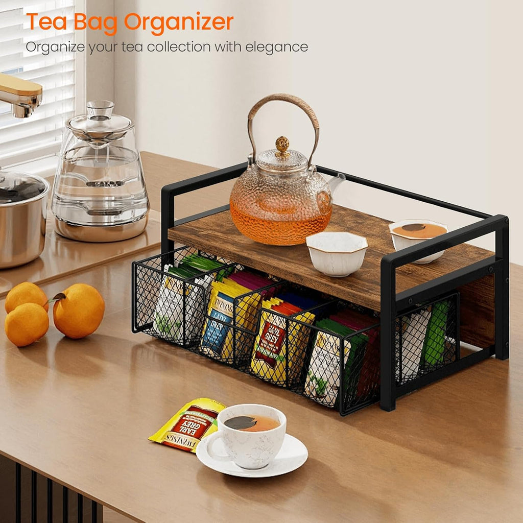 Petyoung Tea Bag Organizer with Storage Drawer, Wooden Tea Station Chest for Countertop Kitchen, Teabag Holder Display Box, Rustic Brown