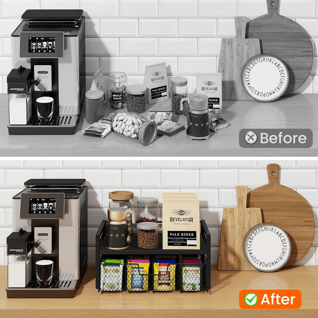 Petyoung Tea Bag Organizer with Storage Drawer, Wooden Tea Station Chest for Countertop Kitchen, Teabag Holder Display Box, Black