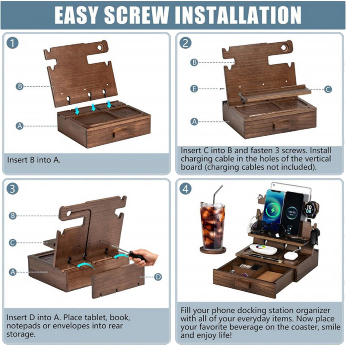 Petyoung Wood Phone Docking Station for up to 3 Phones - Nightstand Organizer with Drawer, Coaster, Compatible with Tablets, Glasses, Watches & EDC