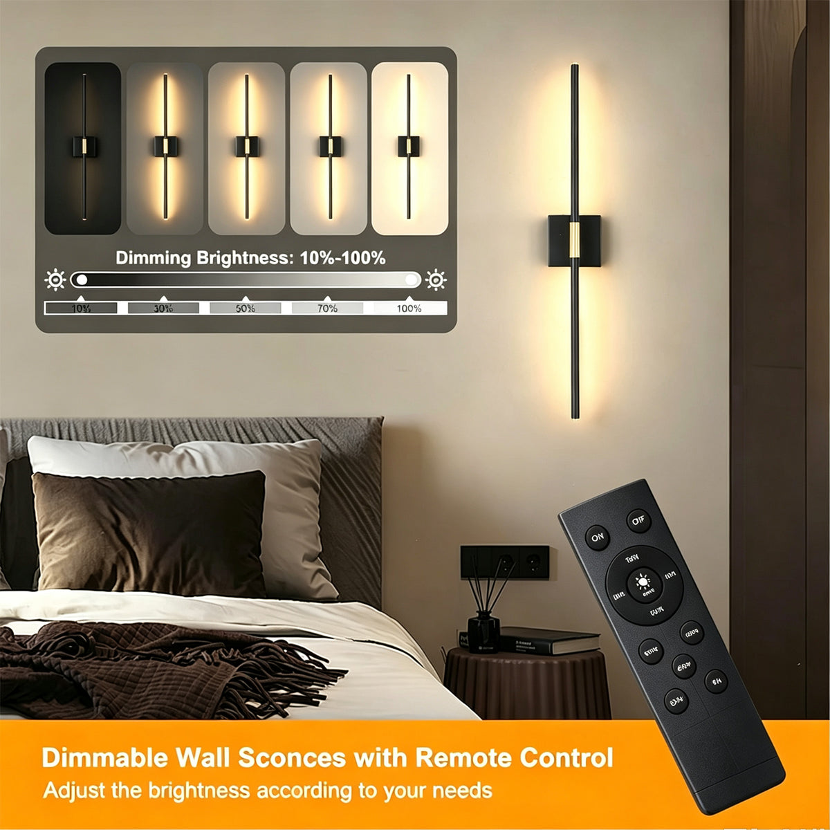 Petyoung 28.3" Wall Sconces Set of 2, Battery Operated Wall Lights with Remote, 360° Rotatable Rechargeable Wall Sconce, 3 Color Dimmable Wireless LED Light for Living Room Bedroom Hallway